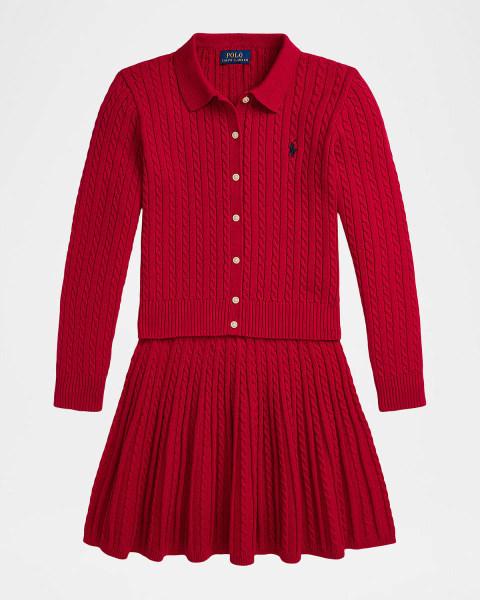 Girl's Cotton Polo Cardigan & Skirt Set, Size S